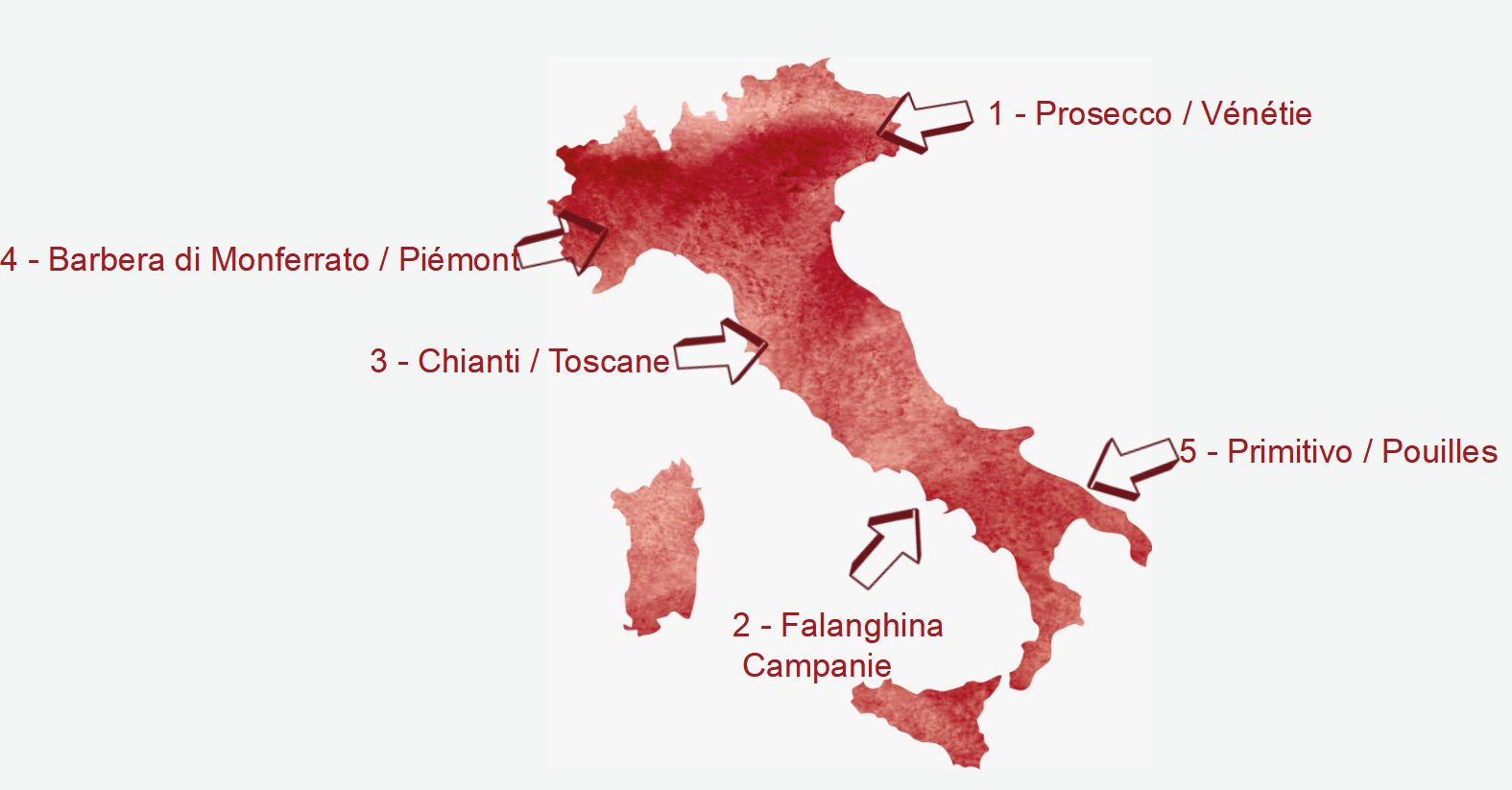 Carte de l'Italie illustrant les 5 régions viticoles présentées lors de la soirée