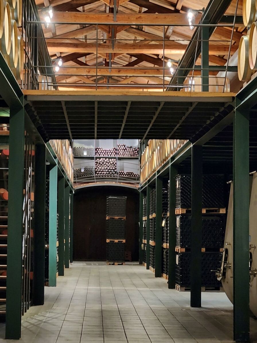 Chai de vinification, cuves et caisses de bouteilles, domaine du Piémont