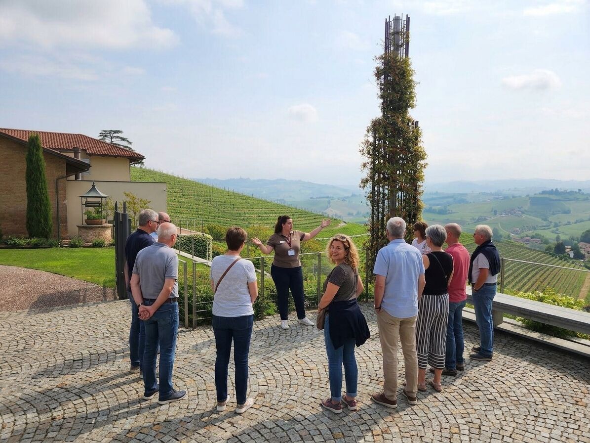 Façade du domaine sous une pergola de vigne vierge, cuves de vinification, Langhe