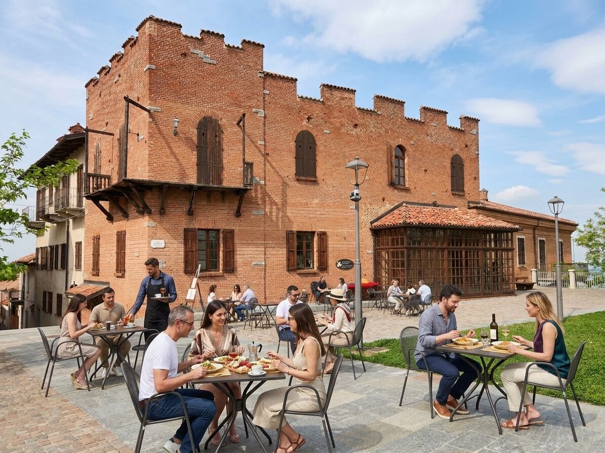 Terrasse du château de La Morra avec tables en extérieur, Piazza Castello