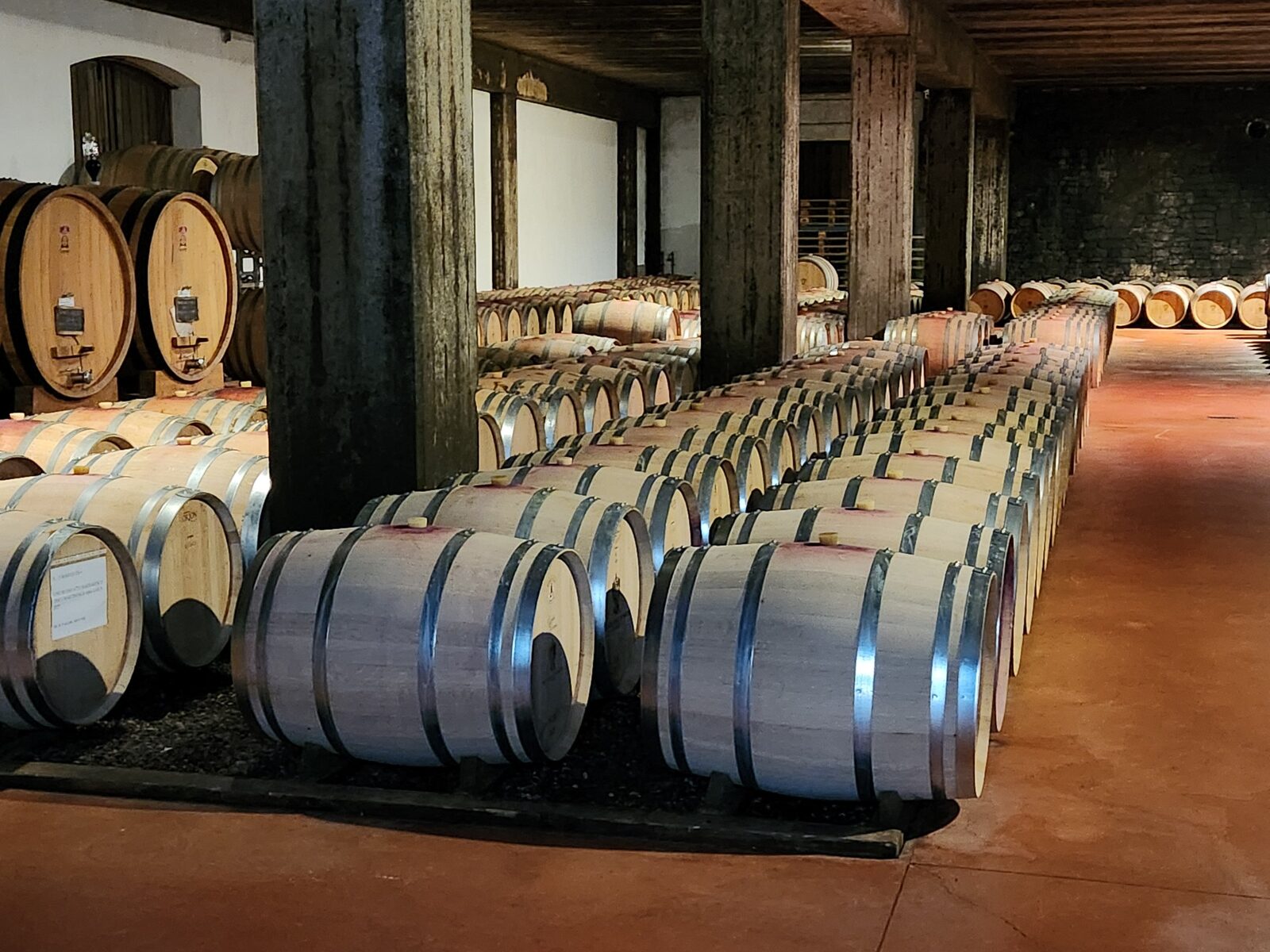 Chai à barriques, rangées plongeant dans la pénombre, Piémont